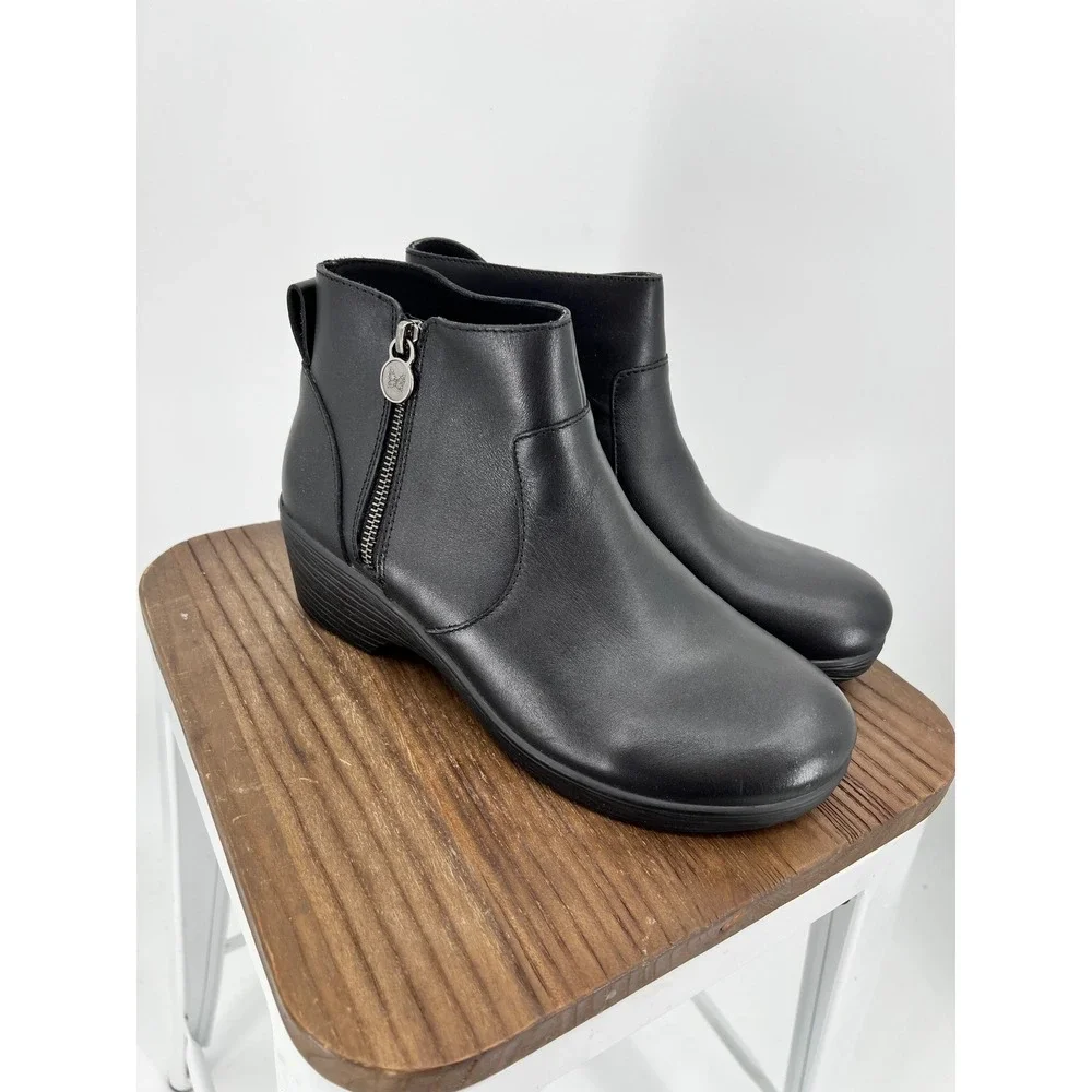Alegria Black Leather Ankle Boots Side Zip Wedge Booties SRI-501 Womens 40 - Picture 1 of 9